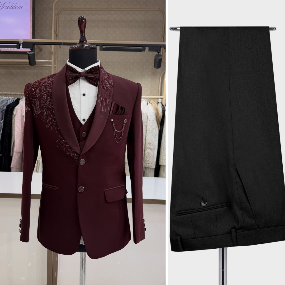 Men Formal Wear Modern - 3 Pieces Groom Wedding Tuxedos Beading