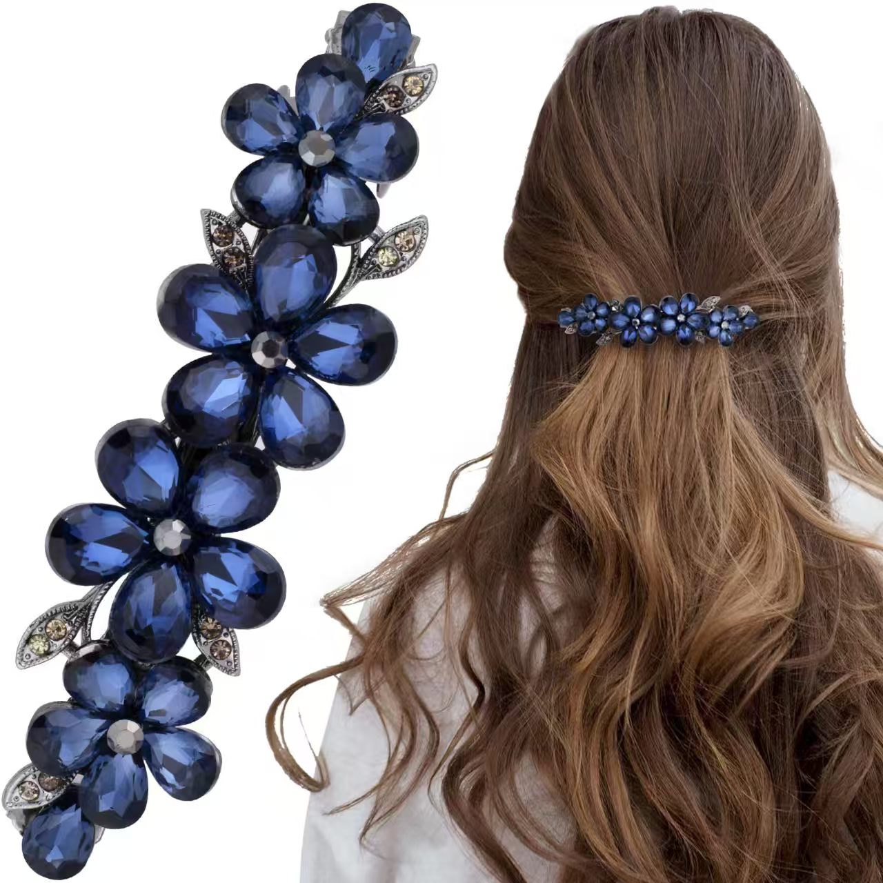Tie Bar Clip - Elegant Black Rhinestone Crystal Flower Spring