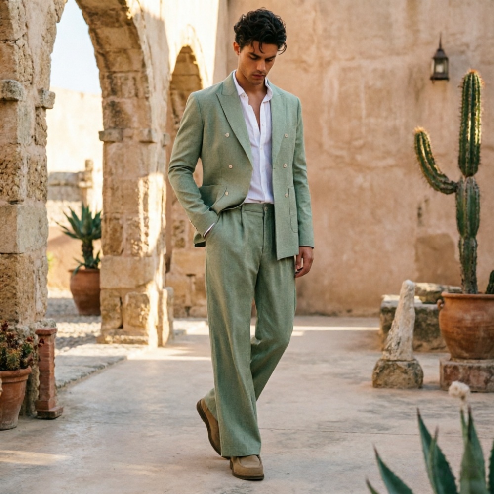 Men Formal Wear Wedding Guest - Sage Green Linen Men Suits Relaxed