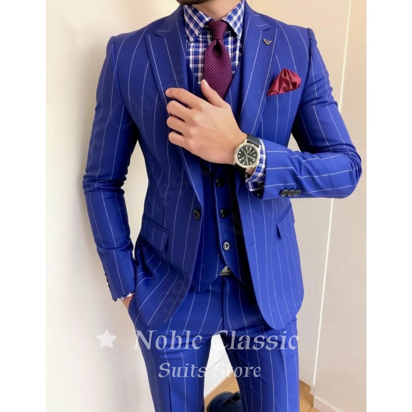 Men Blue Pinstripe 3 Piece Sui - Men Formal Wear Wedding Guest recension och pris