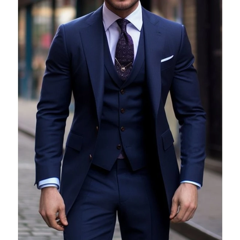 Navy Blue 3 Pieces Casual Male - Men Formal Wear With Blazer recension och pris