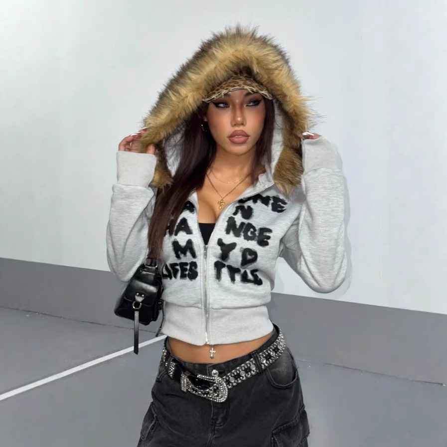 Full Zip Hoodie Fur Trim Hood  - Y2K Formal Wear Men recension och pris